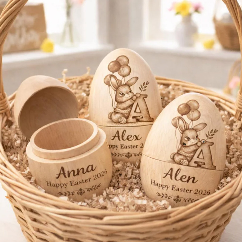 Personalized Engraved Bunny Initial Gift Custom Name Keepsake for Kids Holiday Decoration Collectible Fillable Wooden Easter Egg