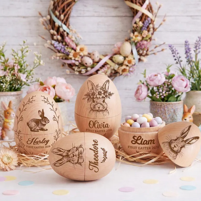 Personalized Custom Engraved Bunny Gift Name Keepsake Treat Box for Kids Easter Celebration Holiday Fillable Wooden Easter Egg