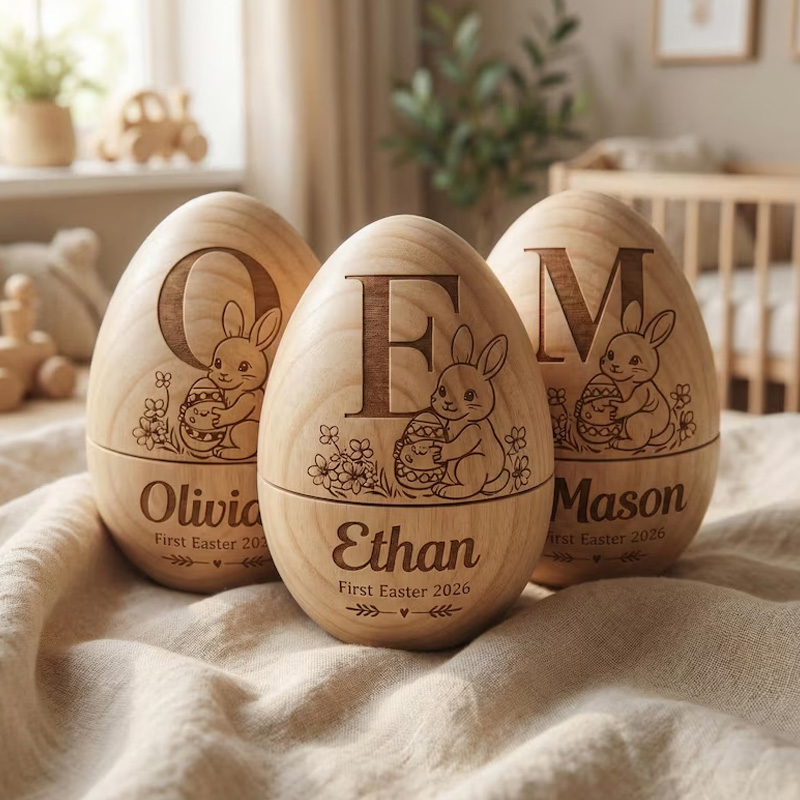 Personalized Engraved Initial Bunny Gift Custom Name Keepsake for Kids Easter Celebration Holiday Fillable Wooden Easter Egg