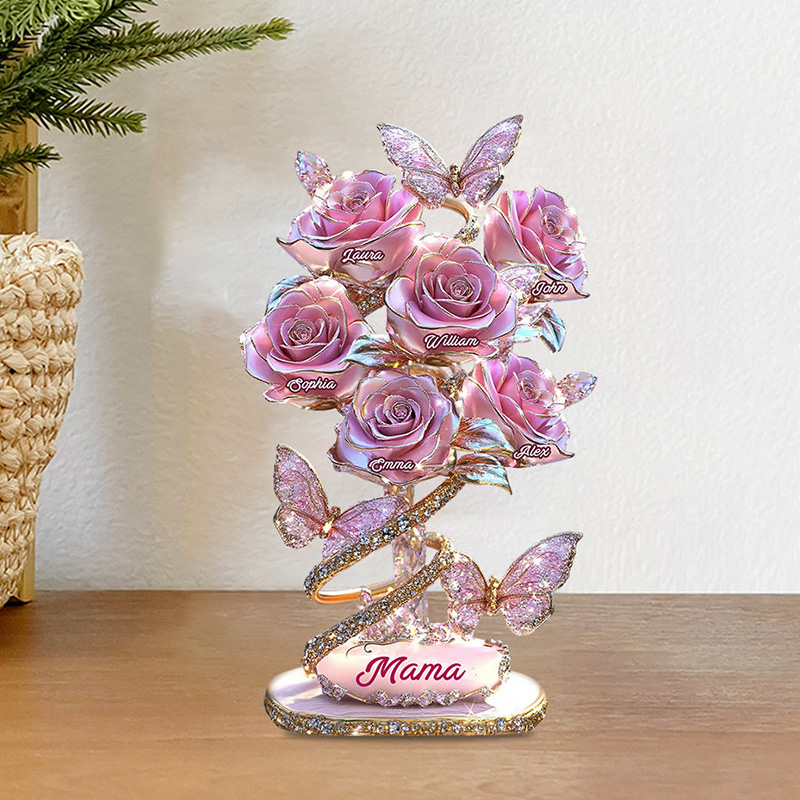 Personalized Colorful Rose Flower Butterfly Light Gift with Names for Mom Birthday Anniversary Personalized Mother Custom Shaped Acrylic Plaque