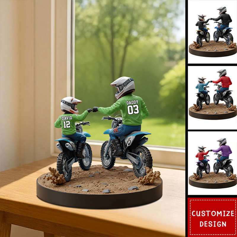 Personalized Father and Son Dirt Bike Riding Figure Custom Gift for Dad Birthday Sports Lovers Home Decoration