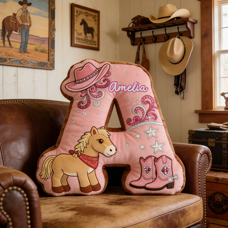 Personalized Cowgirl Western Horse Hat Boots Custom Name Kids Gift Bedroom Decoration 3D Print Pillow