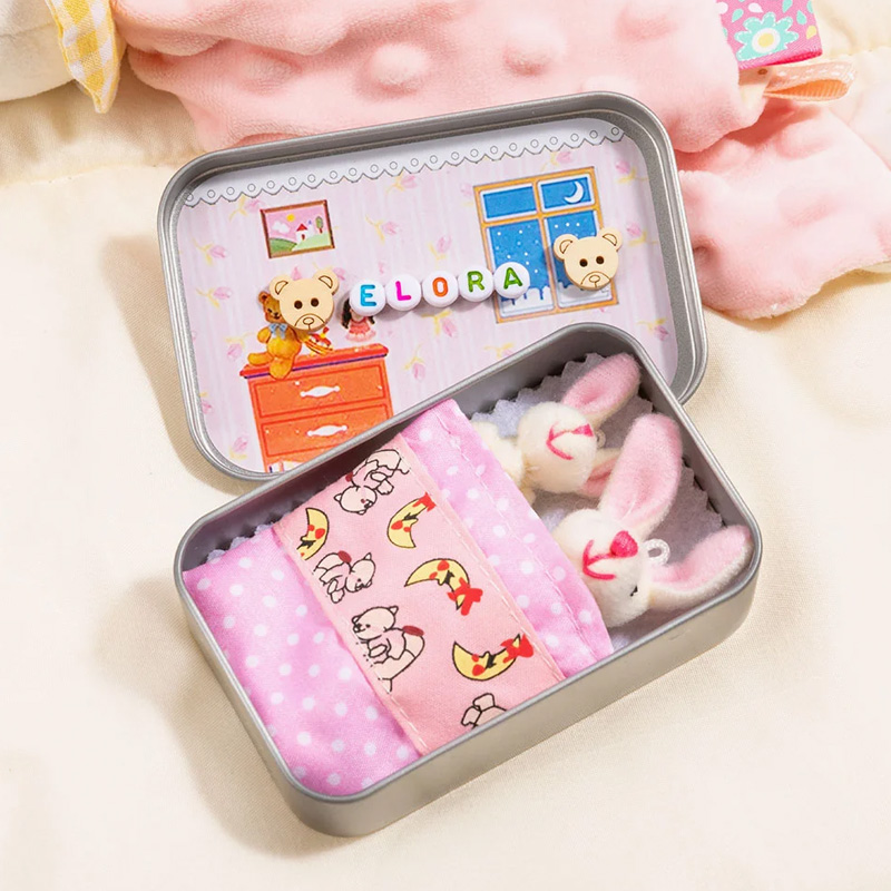 Personalized Cute Mom and Baby Plush Bunny Mini Pocket Tin Box with Colorful Name Comfort Toy Easter Birthday Gift for Kids