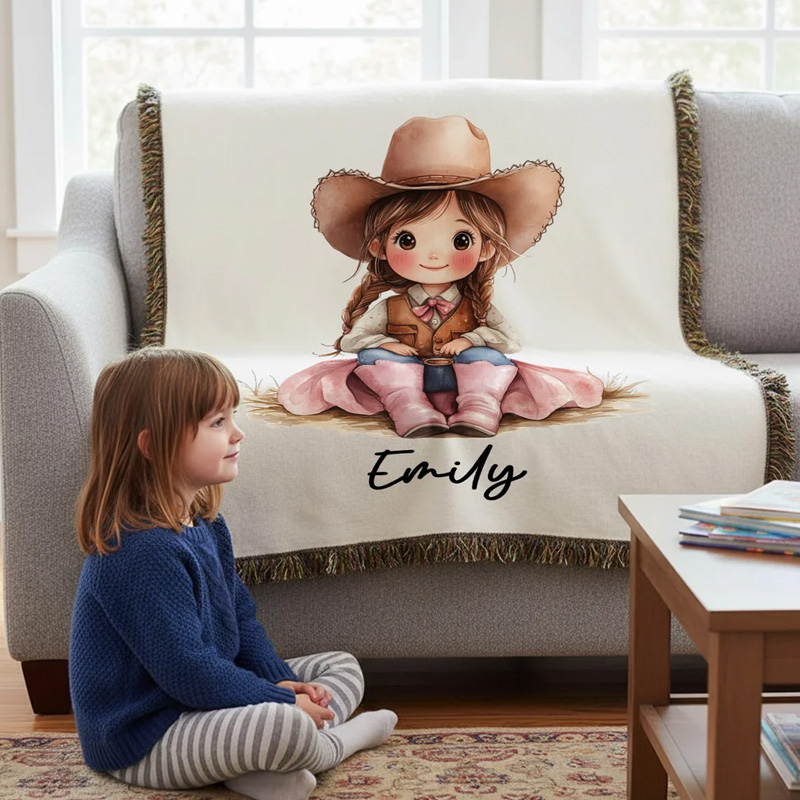 Personalized Cartoon Cowboy Cowgirl Tassel Soft Throw Blanket with Name Home Decor Birthday Gift for Kids Cowboy Lovers