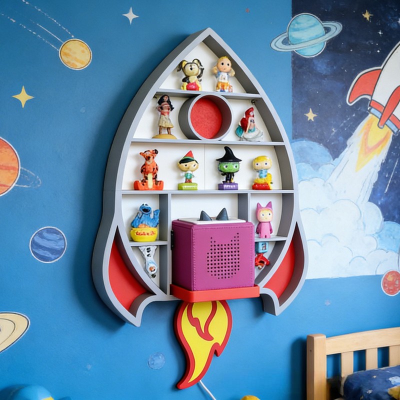 Rocket Shaped Wall Shelf Creative 3D Printed Kids Room Organizer Perfect for Displaying Toys, Figurines, and Space Themed Nursery Decor