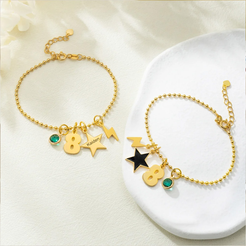 Personalized Lucky Star Heart Seahorse Ballerina Pendant Bead Chain Bracelet with Birthstone Number and Engraved Name Birthday Gift for Kids Girls