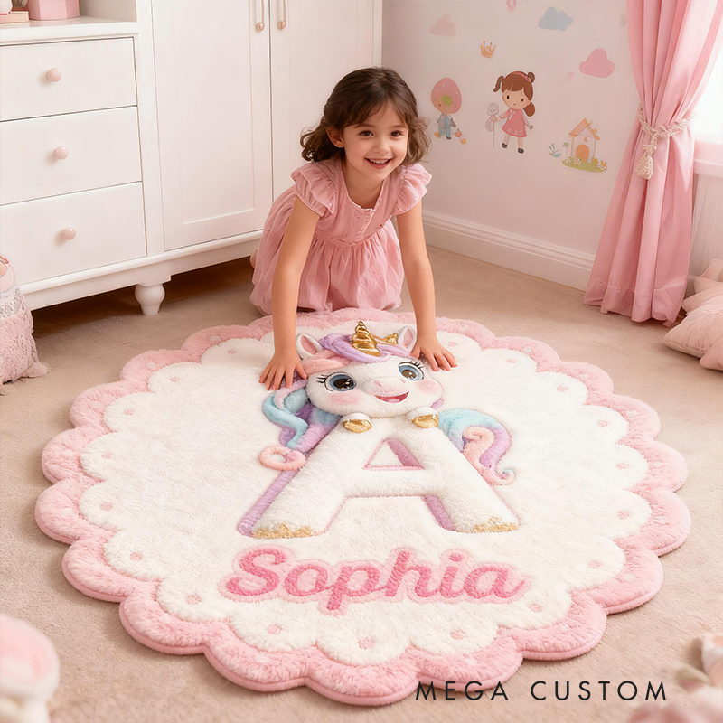 Personalized Initial Letter Custom Name Soft Decorative Gift Fairytale Princess Style Cozy Nursery Room Dream Magic Pink Doormats