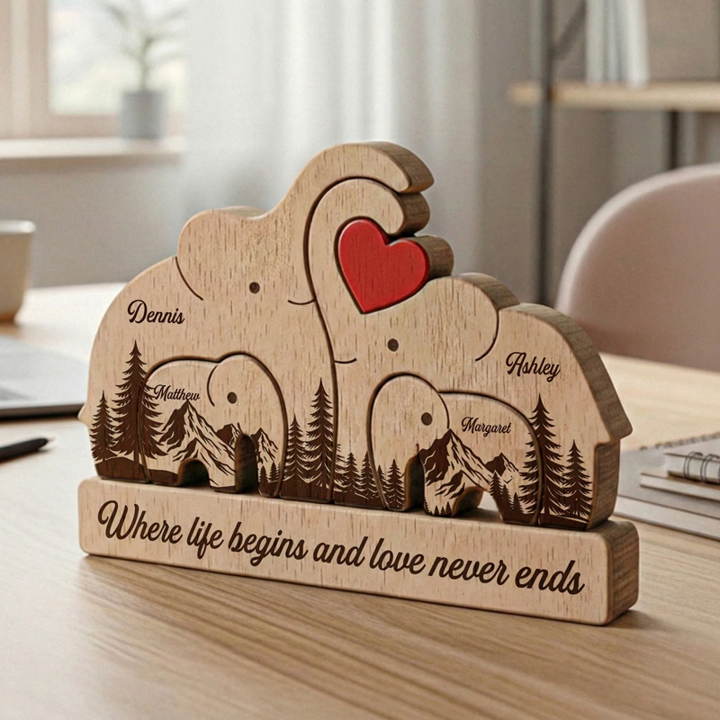 Personalized Custom Engraved Family Name Gift Home Decor Anniversary Present Love Keepsake Elephant Family Wooden Puzzle