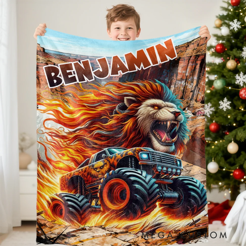 Personalized Monster Cheetah Lion Dinosaur Truck Soft Throw Blanket with Name Birthday Gift for Boys Kids Babies Truck Lovers