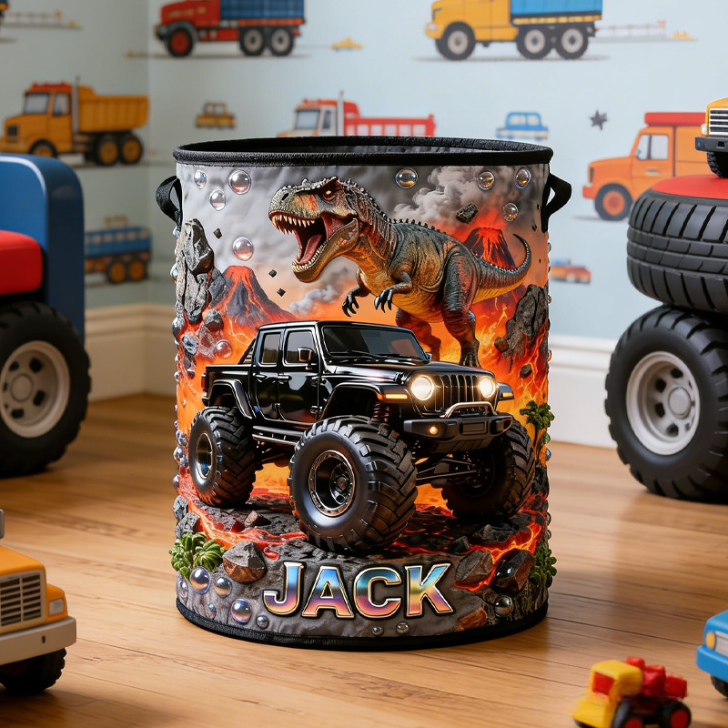 Personalized Dinosaur Monster Truck Themed Laundry Hamper and Storage Box Birthday Gift for Kids