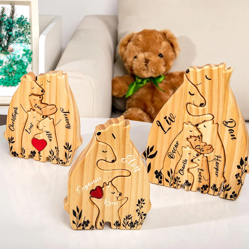 Personalized Wooden Bear Family Puzzle with 2-6 Names and Red Heart Desk Decoration Birthday Mother's Day Gift for Family