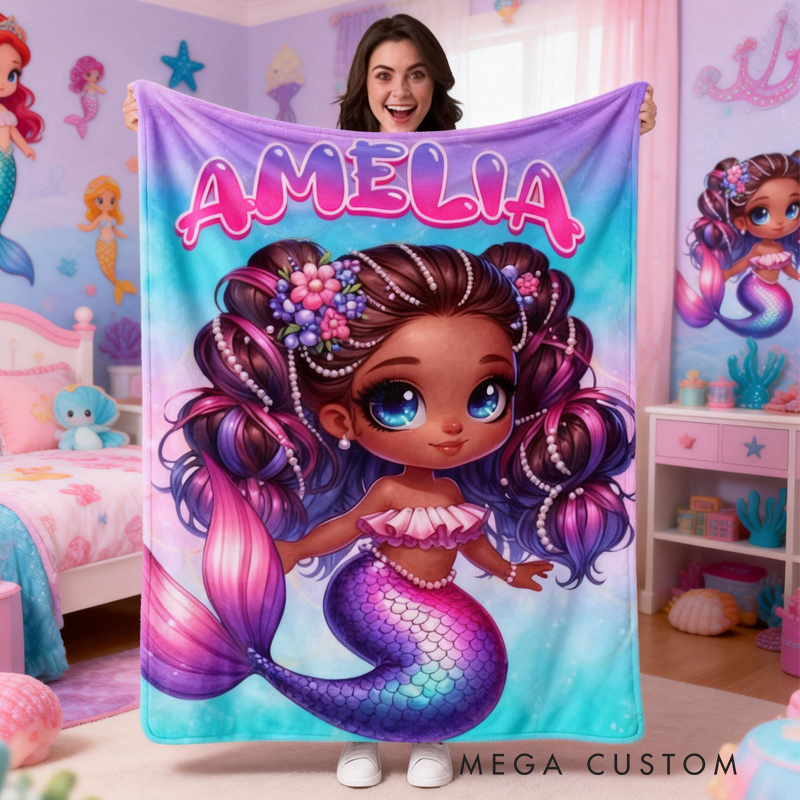 Personalized Mermaid Themed Blanket with Name Home Decor Birthday Gift for Kids Mermaid Lovers