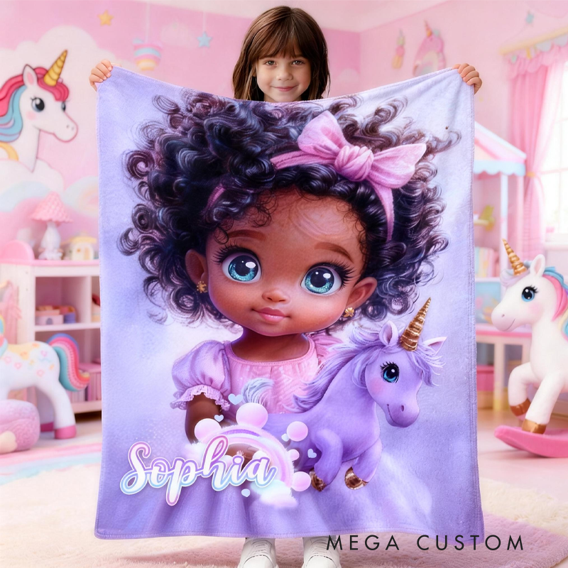 Personalized Little Black Princess Themed Blanket with Name Home Decor Birthday Gift for Kids 