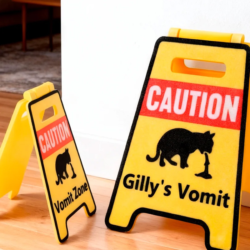 Personalized Funny Cat Vomit Silhouette Caution Sign with Text Desk Decor Daily Use Gag Gift for Cat Owner Lover