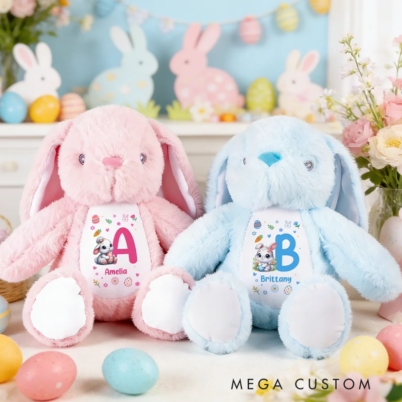 Personalized Cute Peter Rabbit Plush Easter Bunny Stuffed Toy with Initial and Name Easter Birthday Gift for Kids