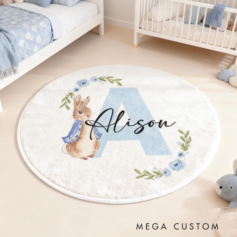 Personalized Pink Peter Rabbit Initials with Name Soft Rug Carpet Christmas Gift for Kids Rug Birthday Gifts for Kids