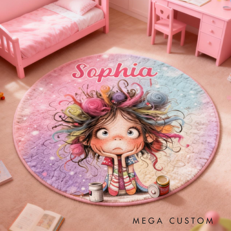 Personalized Multicolor Quirky Cartoon Girl Rug with Name Home Decor Birthday Gift for Girls Women