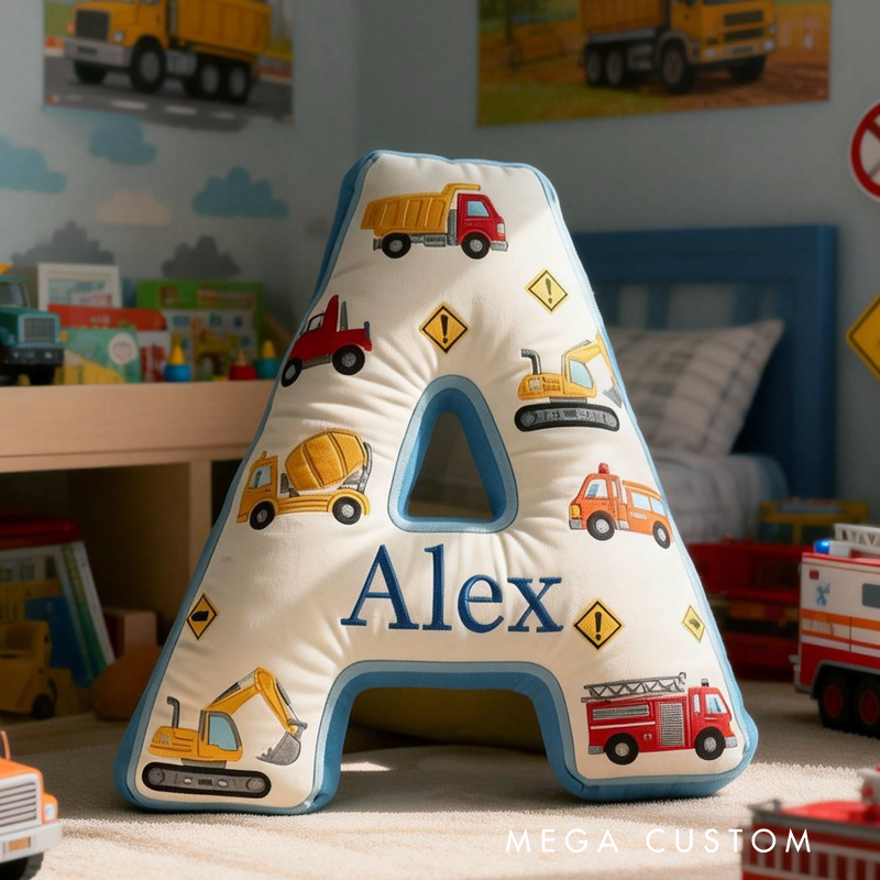 Personalized Construction Letter Pillow Custom Initial Pillow for Kids Trucks Vehicles Nursery Decor Boys Room Cushion Toddler Gift