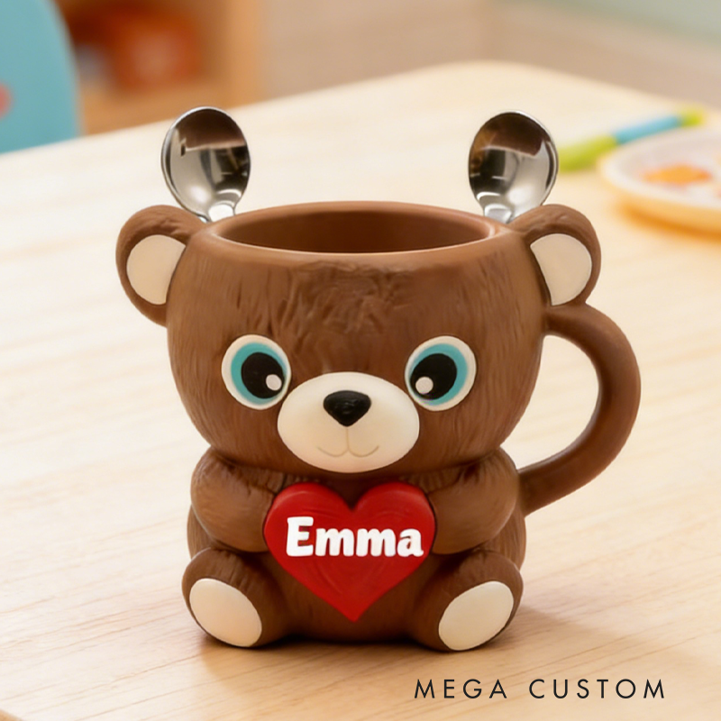 Personalized Cartoon Heart-Shaped Bear Ice Cream Pint Holder 3D Printed with 2 Spoon Slots Cozy Birthday Gifts for Kids