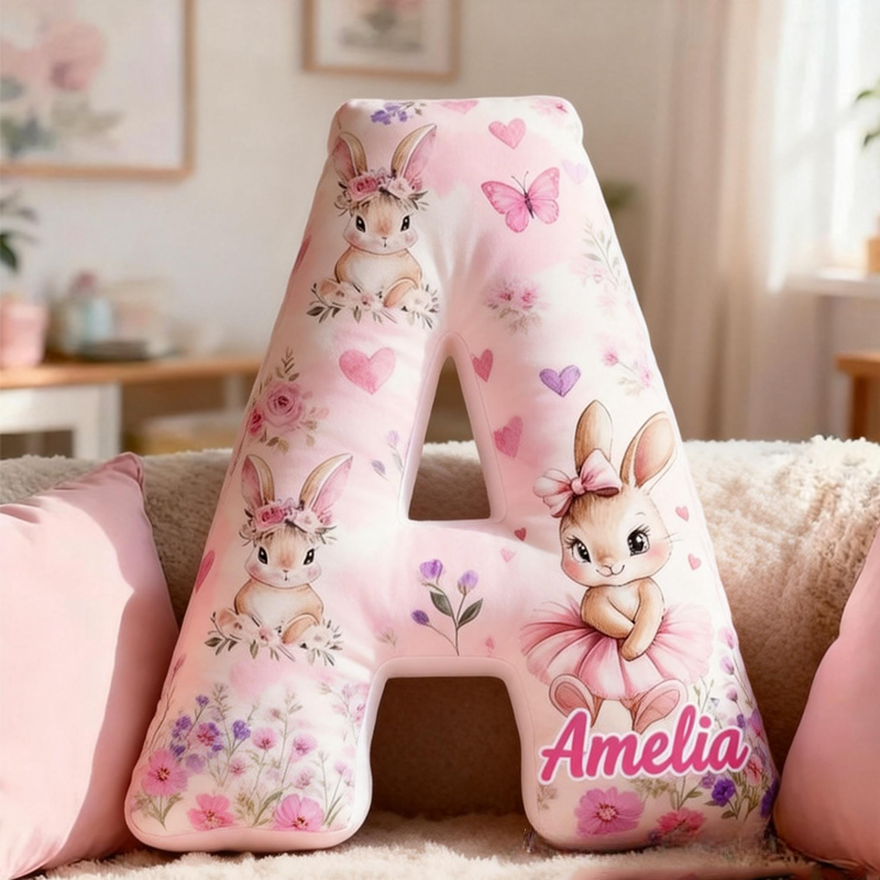 Personalized Rabbit Princess Initials with Name Graphic 3D Print Pillow Christmas Gift for Kids Birthday Gift