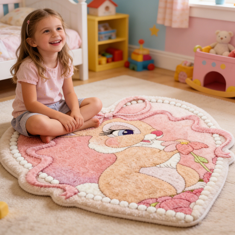 Soft Cute Bunny Heart Shaped Kids Bedroom Nursery Floor Mat Playroom Decor Rug Gift for Kids