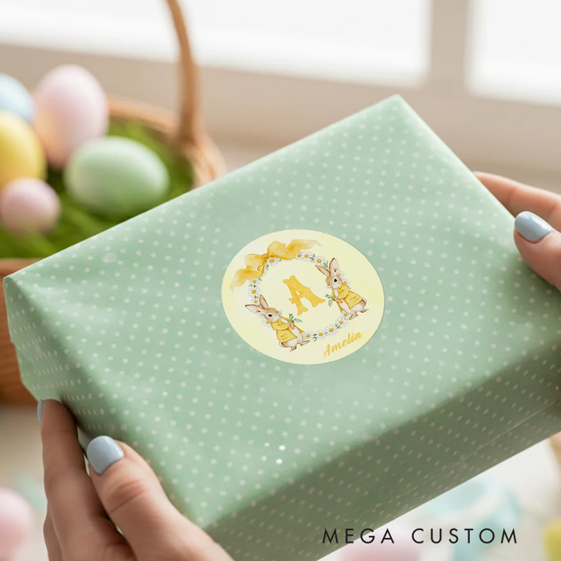 Personalized Cute Flower Peter Rabbit Set of 2 Easter Waterproof Stickers Labels with Name and Initial Easter Day Decor Party Favors for Family Kids
