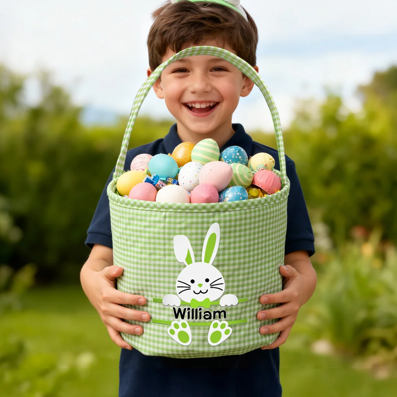 Personalized Cute Bunny Plaid Easter Basket with Name Easter Eggs Hunting Easter Day Gift for Boys Girls
