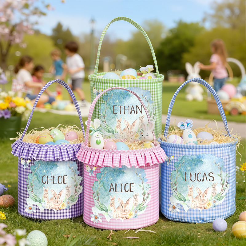 Personalized Name Watercolor Bunnies Gingham Easter Basket with Ruffle Multicolor Easter Treat Bag Easter Party Favor Easter Gift for Kids Boys Girls
