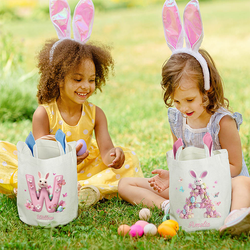 Personalized Name Rabbit Easter Eggs 3D Pink Alphabet Bucket Bag with Bunny Ears Cotton Linen Easter Egg Hunt Basket Easter Gift for Kids Boys Girls