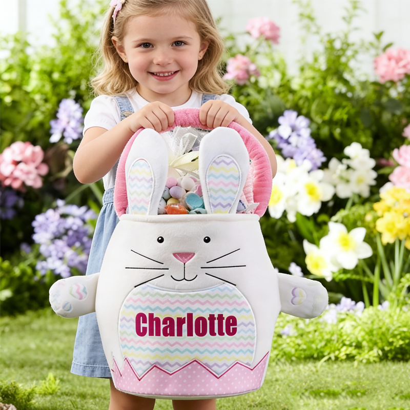 Personalized Name Plush Bunnies Easter Basket Easter Treat Bag Easter Party Favor Easter Gift for Kids Boys Girls