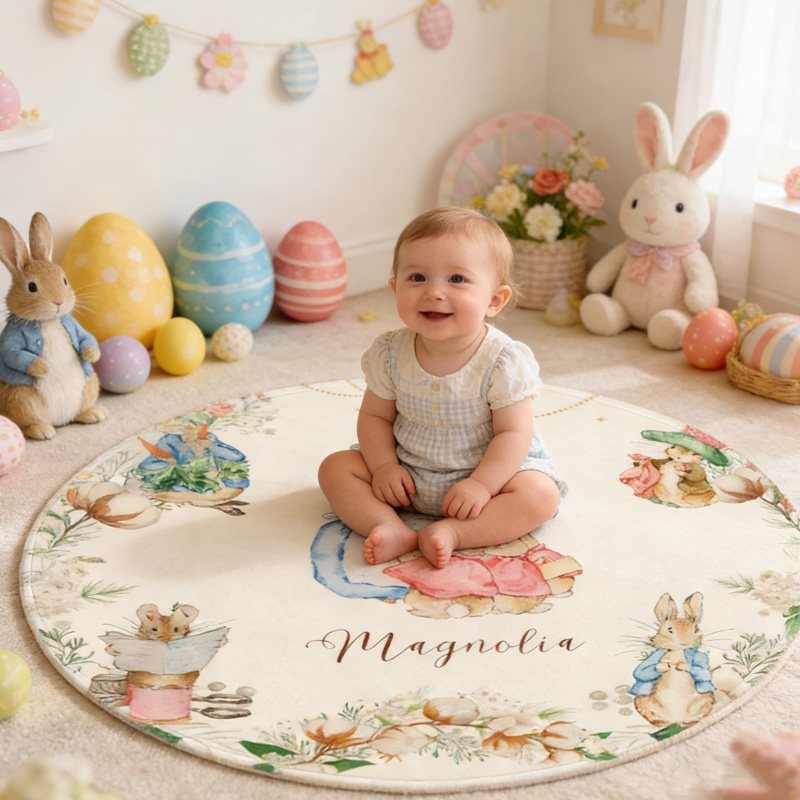 Personalized Easter Bunny Spring Floral Theme Name Mat Soft Nursery Room Decor Carpet Rug for Kids