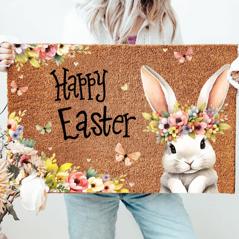 Personalized Easter Bunny Flower Crown Theme Spring Welcome Mat Cute Holiday Entryway Decor Doormat