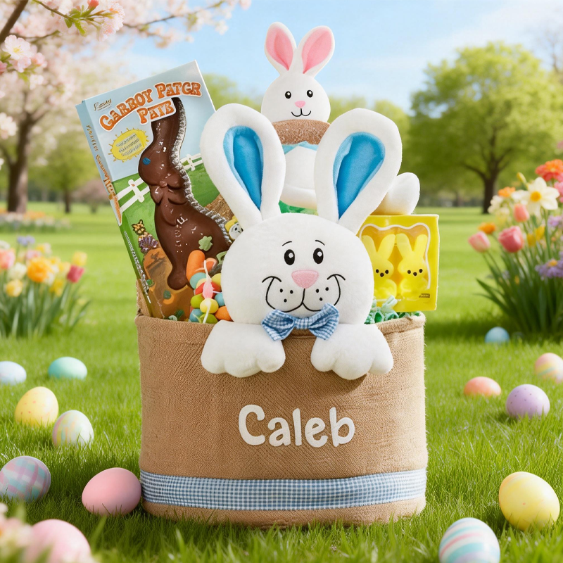 Personalized Name Plush Bunnies Easter Basket with Name Easter Treat Bag Easter Party Favor Easter Gift for Kids Boys Girls