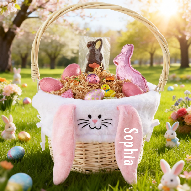 Personalized Bunnies Easter Basket with Name Easter Treat Bag Easter Party Favor Easter Gift for Kids Boys Girls