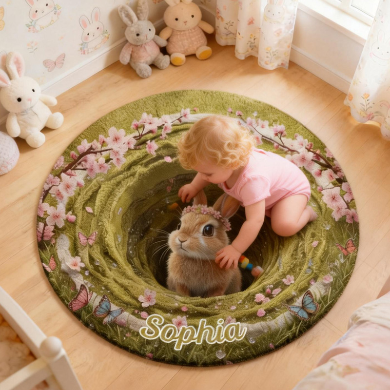 Personalized Bunny Hole Garden Theme Name Mat 3D Rabbit Meadow Spring Nursery Playroom Carpet Rug for Kids