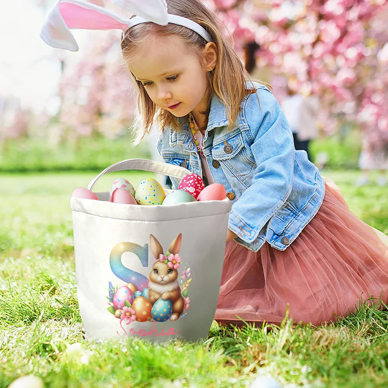 Personalized Cute Easter Bunny Initial Canvas Bucket Basket with Name Easter Egg Hunting Easter Party Favors Gift for Kids