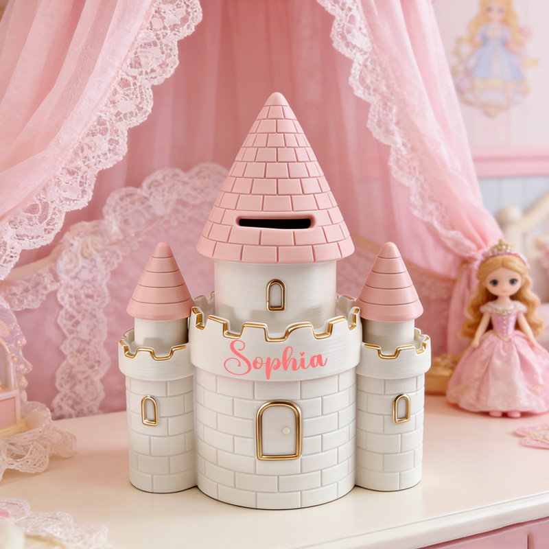 Personalized Princess Castle Theme Name Pink Tower Fairy Tale Kids Room Decor Money Box Gift 3D Printing Piggy Bank
