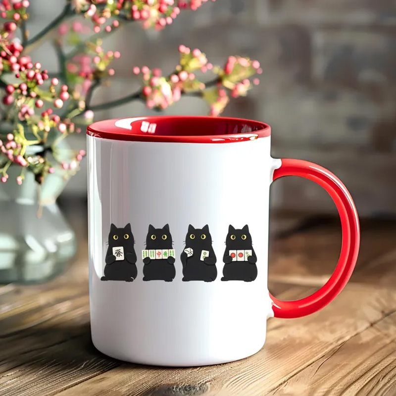 Cat Lover Gift Cute Black Cats Funny Coffee Tea Cup for Game Fans Mahjong Mug