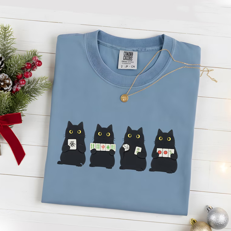 Gift Cute Black Cats Holding Mahjong Tiles Funny Game Lover Graphic Casual Tee Mahjong Player Gift for Him Her