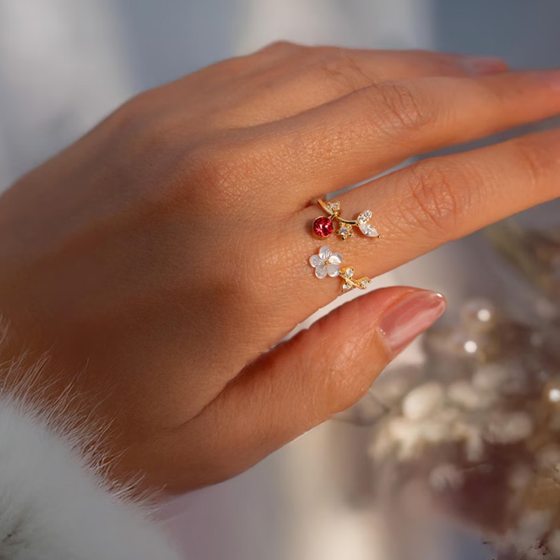 Personalized Birth Flower Ring Mother of Pearl Sakura Rings Adjustable Delicate Personalized Birthstone Gift Mather's Day Gift