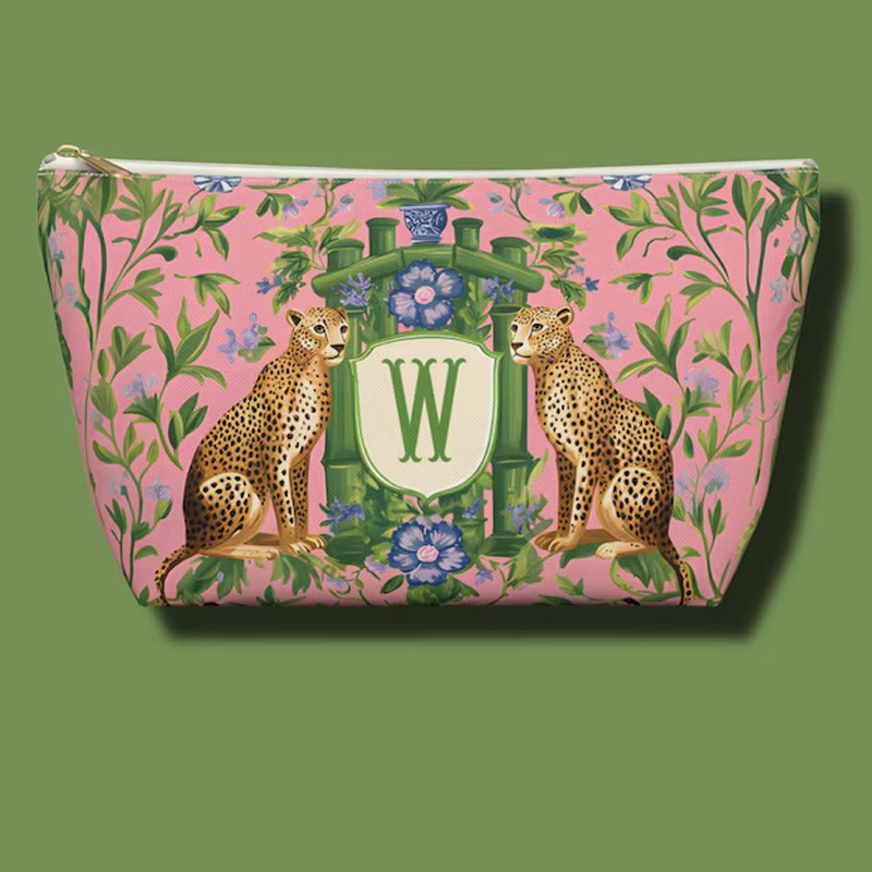 Personalized Custom Initial Gift Luxury Leopard Floral Print Storage Organizer Pouch for Game Lovers Mahjong Tile Bag