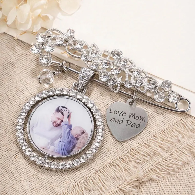 Personalized Something Blue Wedding Bouquet Charm Photo and Engraved Heart Brooch Memorial Rhinestone Pearl Gift for Bride