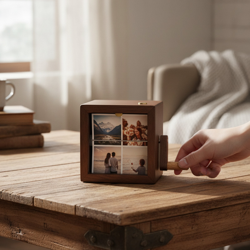Personalized Creative Retro Wooden Movie Memory Display Box Vintage Photo Player Gift Hand-Cranked Photo Frame