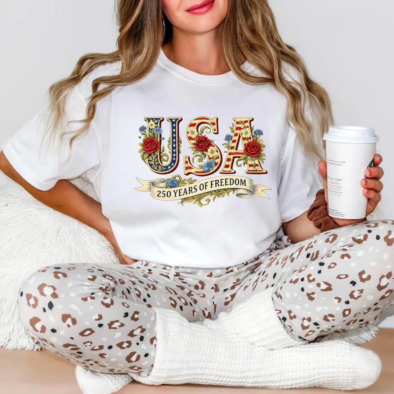 Vintage Patriotic USA 250 Years of Freedom Floral Graphic Casual Summer Independence Celebration T Shirt