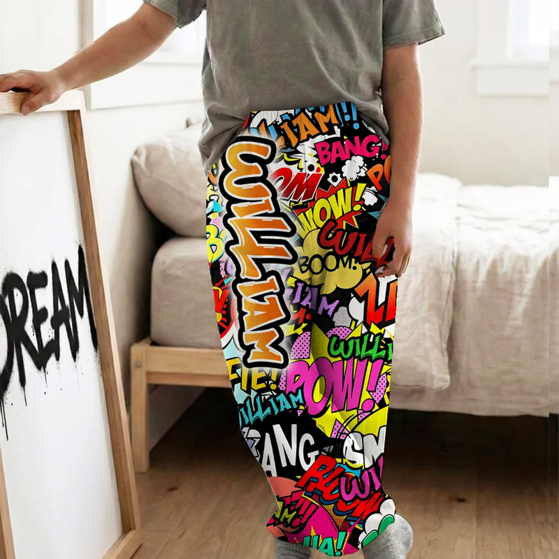 Personalized Graffiti-Art Design Kid Mom Dad Pajama Pants with Colorful Name and Drawstring Daily Wear Birthday Gift for Kids Family