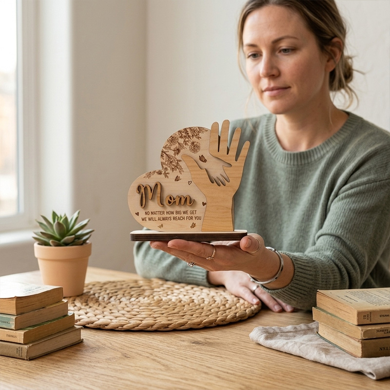 Wooden Handprint Heart Plaque Gift Unique Home Decoration for Mothers Day Anniversary Keepsake