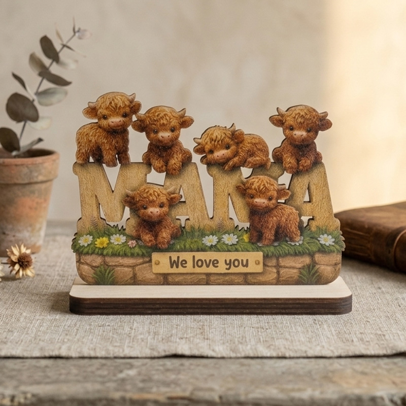 Cute Highland Cow Family Figurine Gift Rustic Farmhouse Style Home Decoration Collectible Sculpture Keepsake