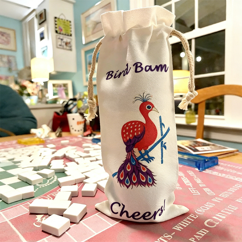 Colorful Fun Reusable Party Gift Bag Peacock Print Beverage Carrier Entertaining Accessory Mahjong Bird Bam Canvas Wine Totes