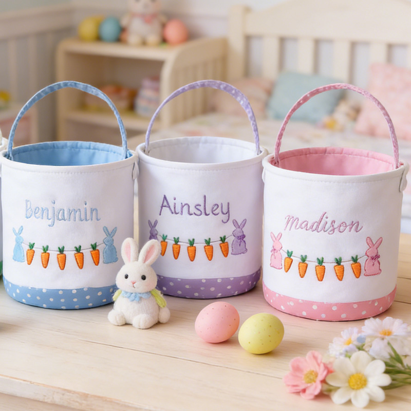 Personalized Easter Bunny Theme Name Embroidered Carrot Pattern Fabric Basket Kids Egg Hunt Gift Storage Tote
