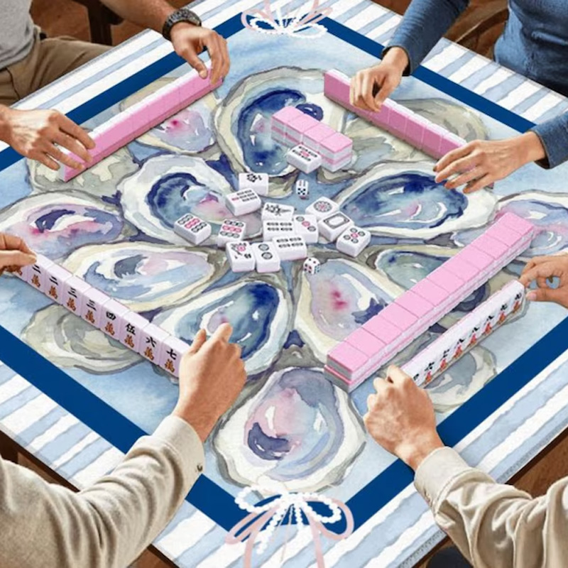 Coastal Oyster Shell Sea Blue Watercolor Marine Style Nautical Ocean Inspired Table Game Accessory Mahjong Mat